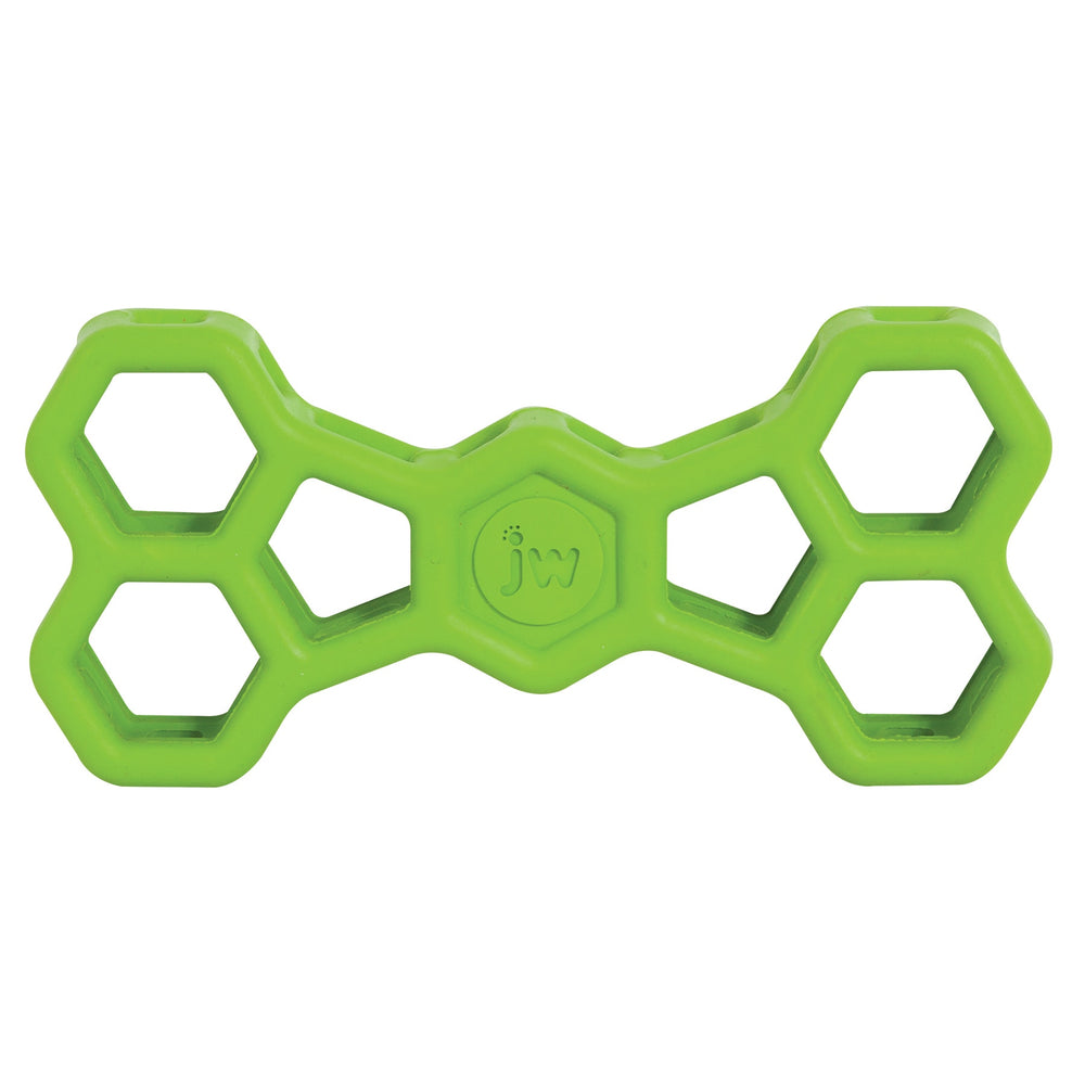 The JW Hol-ee Bone Puzzle Dog Toy by Jw is a green, hexagonal, honeycomb-shaped toy made from natural rubber. It features jw embossed in the center and has a dumbbell-like structure with open hexagonal patterns, offering an engaging chew experience for dogs.