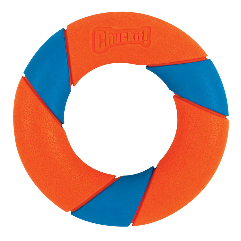 The Chuckit! UltraRing Dog Fetch Toy by Chuckit is an orange and blue rubber toy with a textured surface, alternating colors, and a raised logo on the orange section, perfect for playful pups.