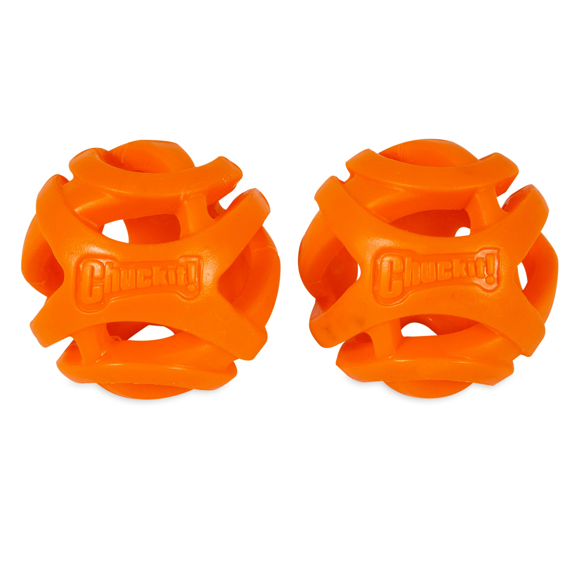 Two Chuckit! Air Fetch Balls, featuring a geometric lattice design and durable orange rubber with Chuckit! embossed on each, are arranged side by side against a plain white background.