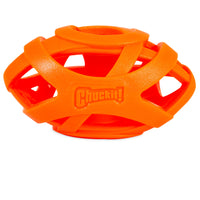 The Chuckit! Air Fetch Football Dog Toy by Chuckit is an orange, spherical toy with an open lattice design and Chuckit! embossed on its side. Made from durable rubber, it features a hollow center for endless fetch games.