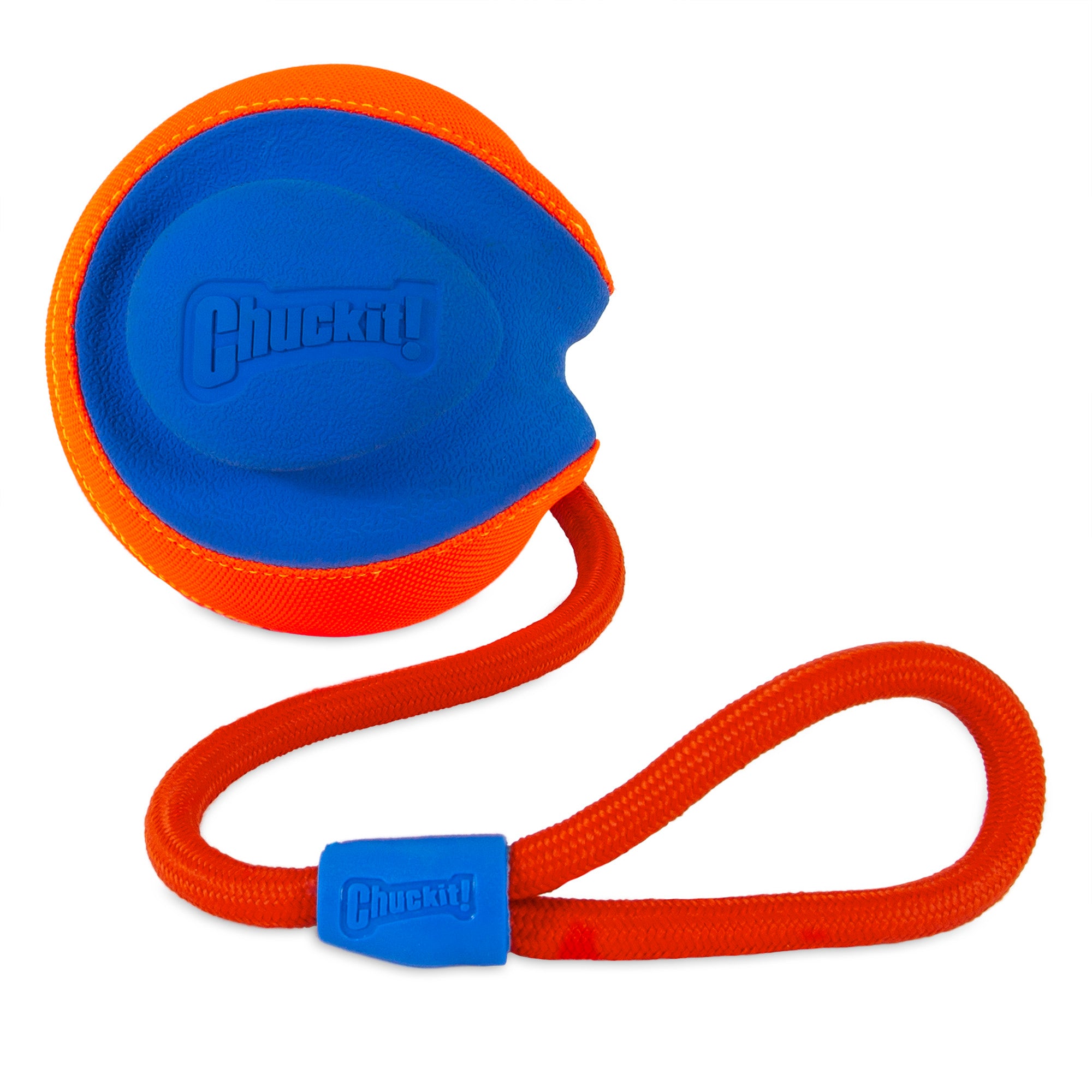 The Chuckit! Rope Fetch Dog Toy by Chuckit is a vibrant orange and blue dog toy with a looped handle for easy throwing.