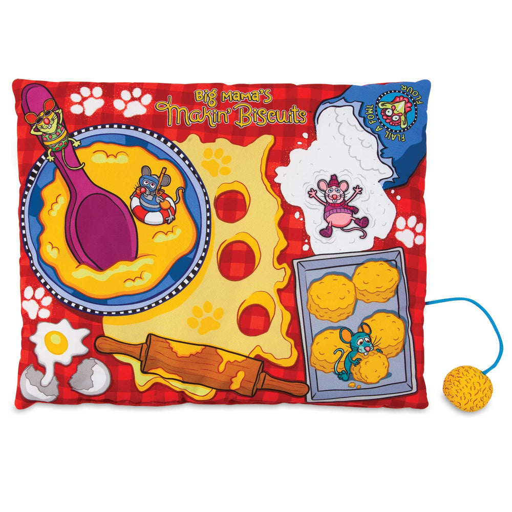 The FAT CAT Big Mamas Makin Biscuits Boogie Mat by Fatcat features a vibrant design with mice baking biscuits, including mixing bowls and cartoon chef mice. It contains organic catnip, a crinkly surface, and a yellow ball on a string for the ultimate playful experience!.