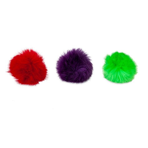 The JW Fun Fluffs Cat Toy by Jw features three fluffy pom-poms made of soft polyester, arranged in a row against a white background. The vibrant red, purple, and green colors from left to right make these playful delights perfect for entertaining your feline friend.
