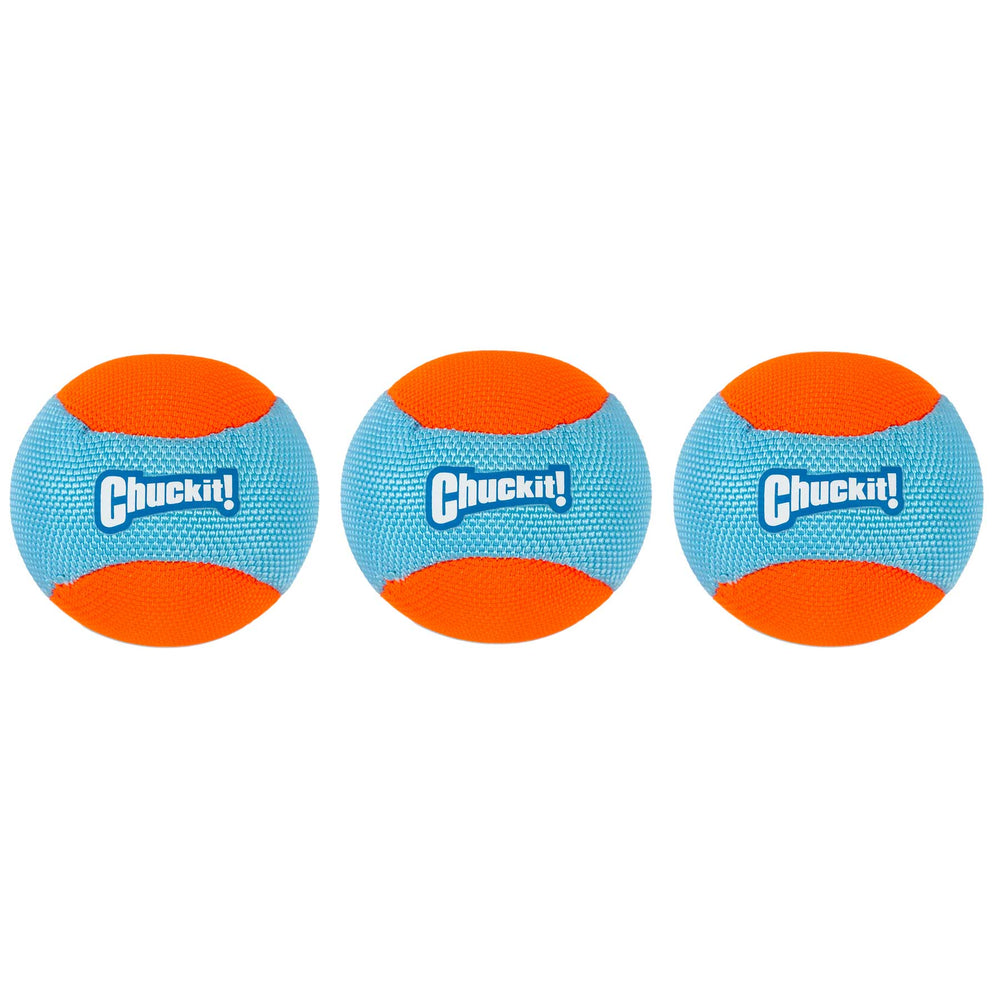The Chuckit! Amphibious Fetch Balls Medium 3 Pack includes three vibrant balls, ideal for water-loving dogs. They feature a blue and orange design with alternating panels, perfect to pair with Chuckit! Launchers for endless fun.
