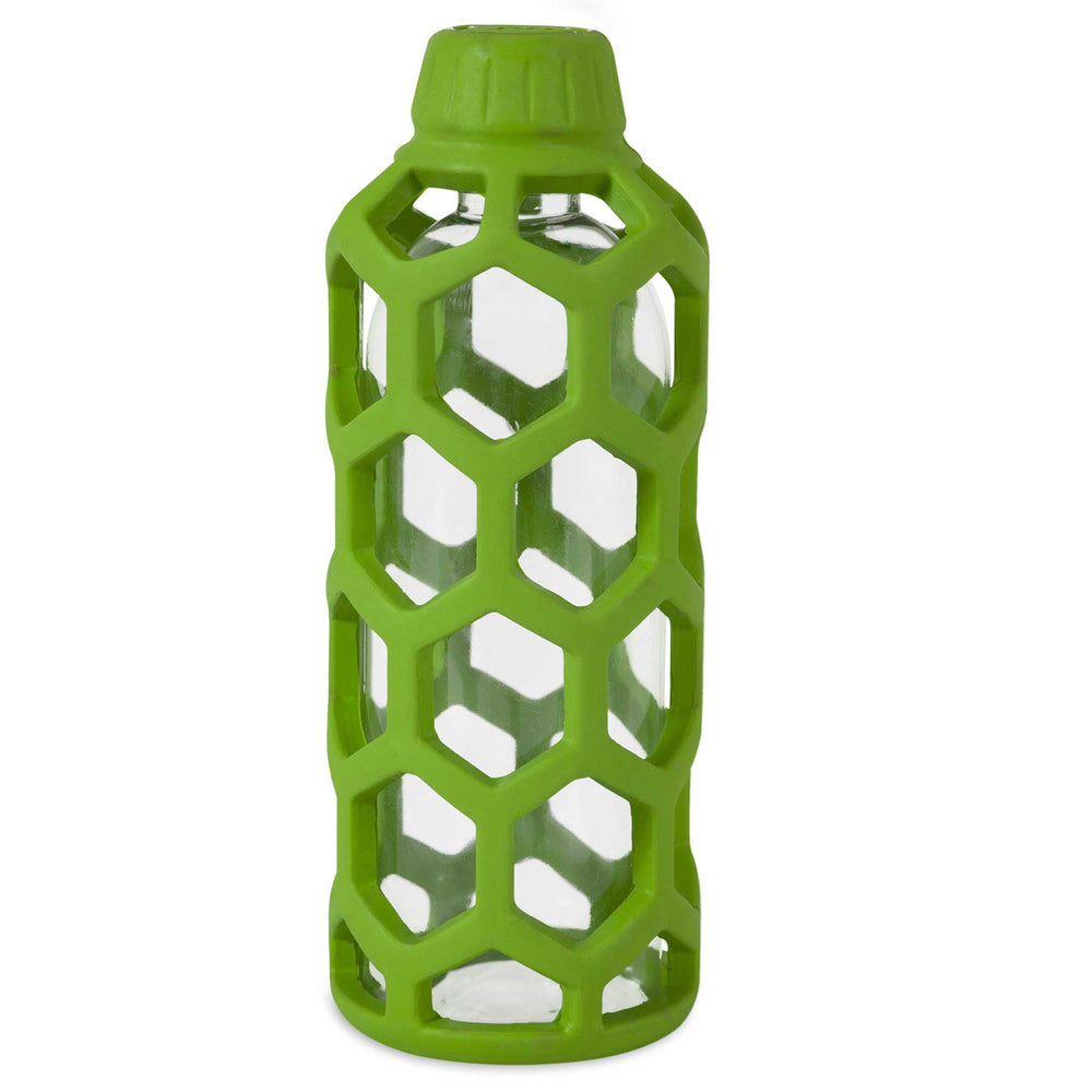 A glass bottle wrapped in a honeycomb-patterned silicone sleeve offers grip and protection, featuring nature-inspired green and a matching cap. Made with non-toxic rubber, its as safe as your favorite JW Hol-ee Water Bottle Dog Toy when upright and empty.