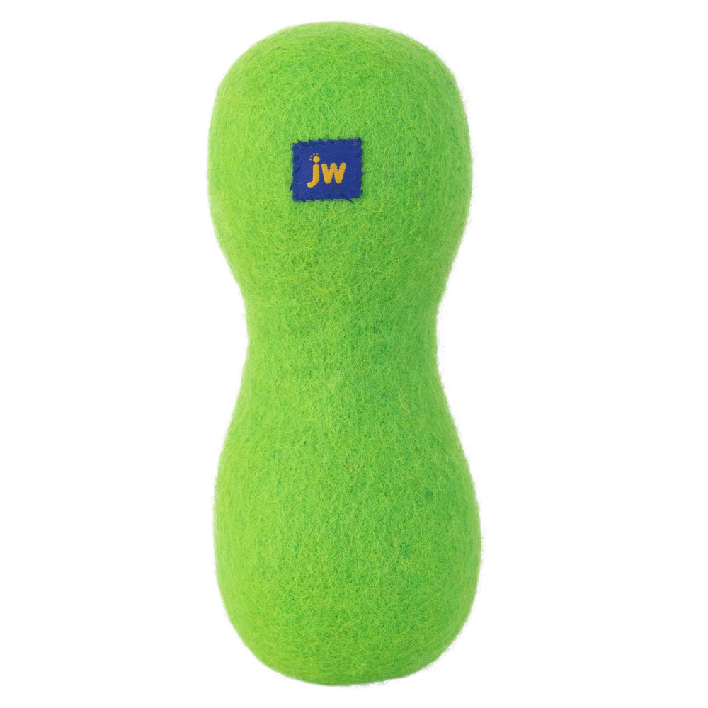 The JW Wool-ee Bone is a bright green, fuzzy, peanut-shaped dog toy made from biodegradable materials. It features a small blue square label with jw stitched on it.