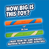 Two vibrant Chuckit! Day & Night Ultra Fetch Sticks by Petmate are displayed on blue with bold text: “How big is this toy? 12” 30.5cm.” Crafted from durable, glow-in-the-dark material similar to the brand’s popular Ultra Ball.