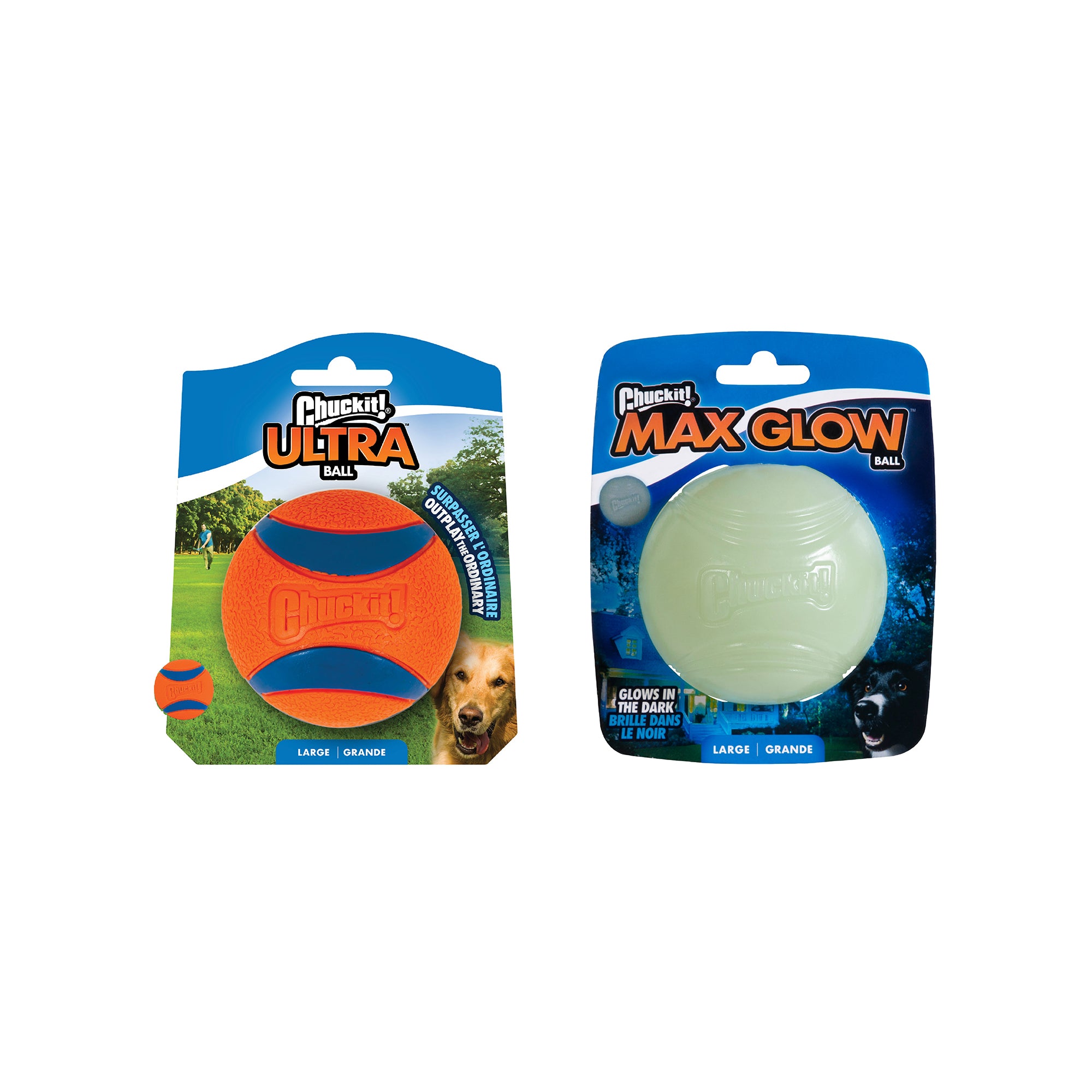 The Petmate Chuckit! Day & Night Ultra Ball Large 2 Pack includes one vibrant Ultra Ball and one glow-in-the-dark Max Glow ball, both in Large size and packaged with a playful dog featured on each pack.