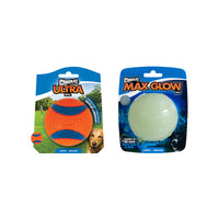 The Petmate Chuckit! Day & Night Ultra Ball Large 2 Pack includes one vibrant Ultra Ball and one glow-in-the-dark Max Glow ball, both in Large size and packaged with a playful dog featured on each pack.