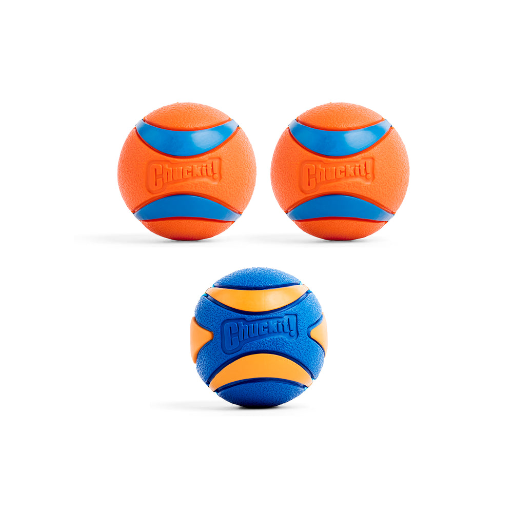 Three Petmate Chuckit! Ultra Ball & Ultra Squeaker Medium balls are displayed on a white background: two orange with blue curved trim and logo, and one featuring a textured surface in bright blue and orange.