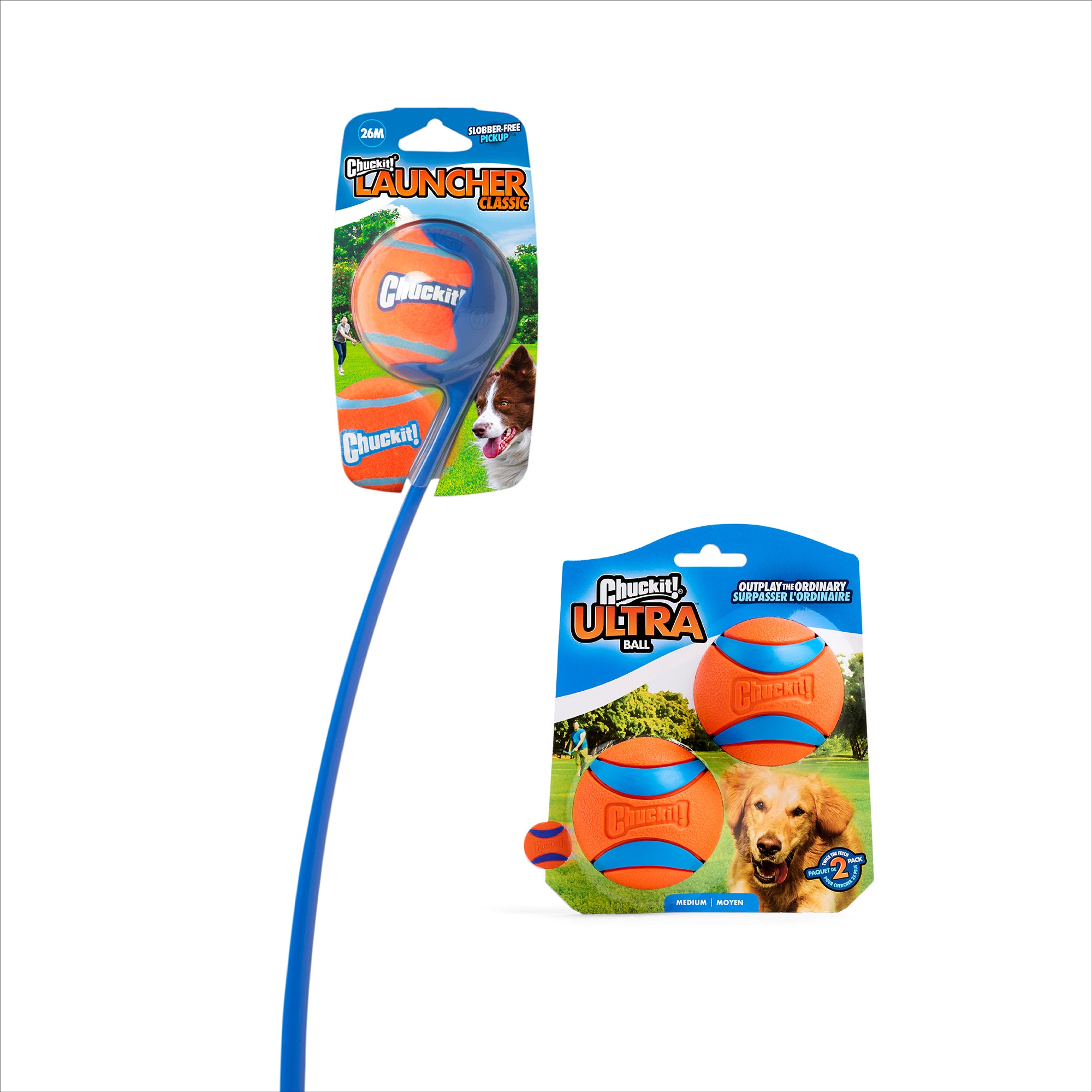 The Petmate Chuckit! Classic 26M Launcher with Ultra Ball Medium 3 Pack includes a launcher and three high-quality balls—perfect fetch toys—all in packaging featuring a happy dog.
