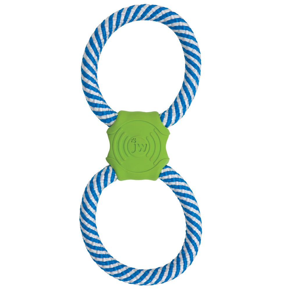The JW Giggle Tug Dog Toy by Jw is a figure-eight shaped tug-of-war toy featuring two blue and white striped rope loops with a green rubber center, ideal for dog playtime.