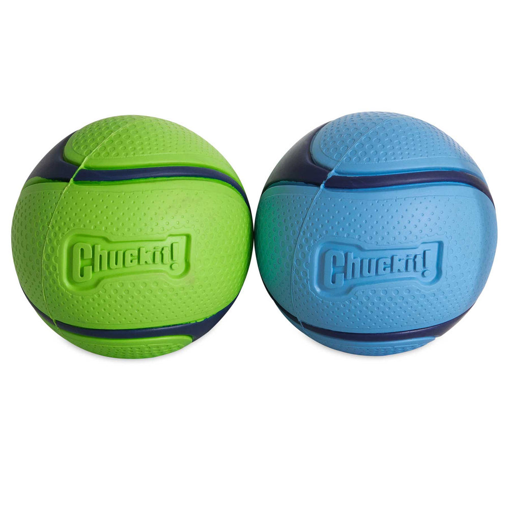 The Chuckit! Sniff Fetch Ball Duo features two durable natural rubber balls. The green one with blue accents and the blue one with green accents both have Chuckit embossed, promising endless playtime fun.