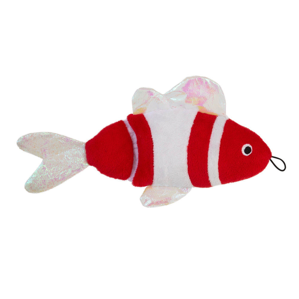 The Mad Cat Bright Fish Kicker Cat Toy is a plush fish with red and white stripes, shiny iridescent fins, and tail. It features a nose loop and is infused with catnip and silvervine to delight your feline.