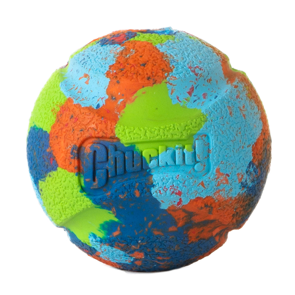 The Chuckit! EcoFetch Recycled Rubber Fetch Ball Medium features a textured surface with patches of blue, orange, green, and turquoise. Made from eco-friendly recycled rubber, it proudly bears the Chuckit! logo and is compatible with Chuckit! Launchers.