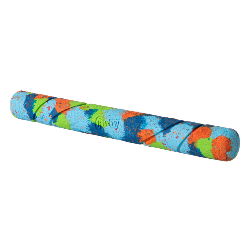 Introducing the Chuckit! EcoFetch Recycled Rubber Fetch Stick, a vibrant, cylindrical dog toy made of recycled rubber. Featuring a crumpled paper-like texture and a colorful pattern in blue, green, orange, and white with Chuckit! printed on the side.