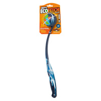 The blue Chuckit! National Fetch Day EcoFetch Launcher has an ergonomic grip and an orange and white label showing a 40+ feet throw distance. It features a curved design with a ball-gripping end for easy use and is made with natural rubber.