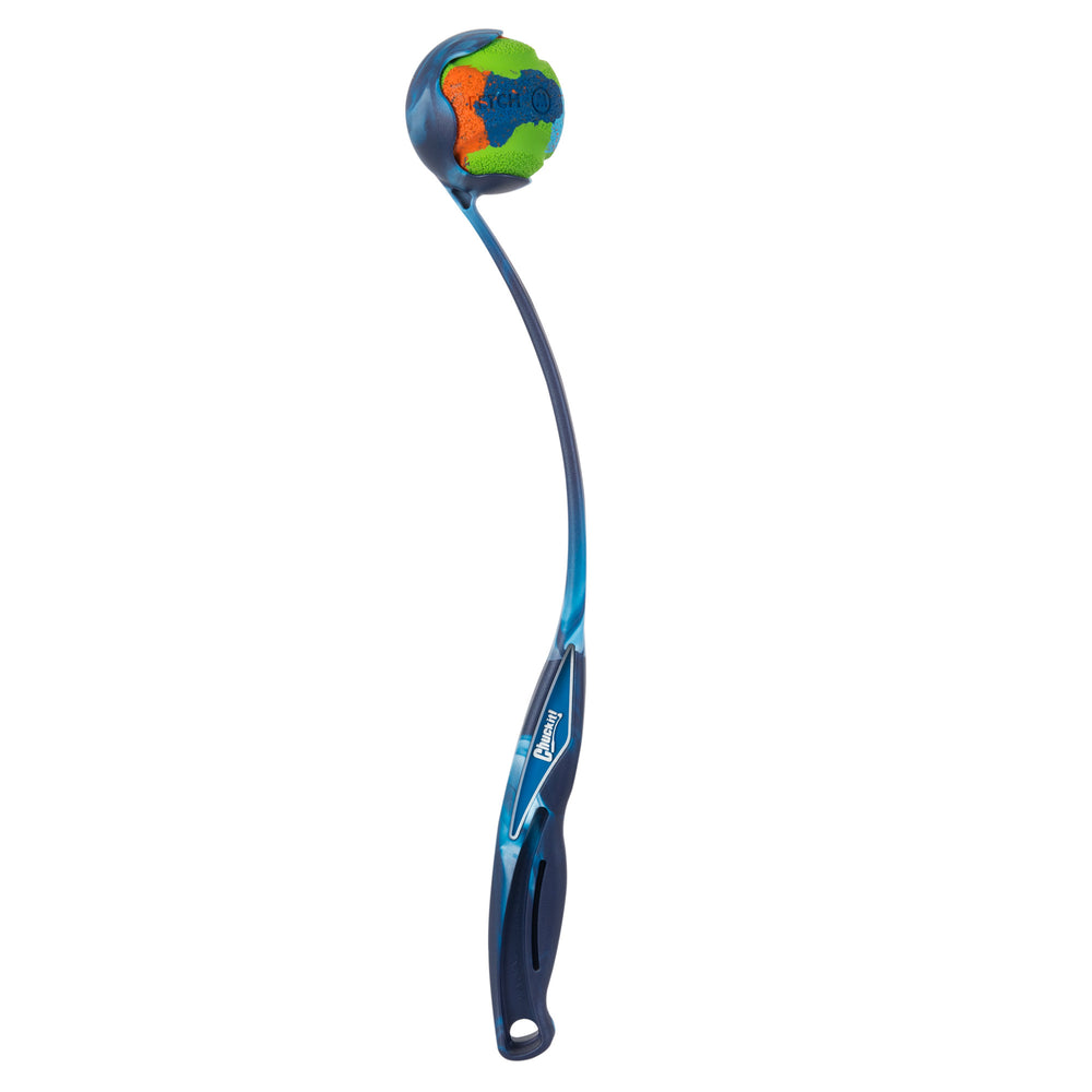 The Chuckit! National Fetch Day EcoFetch Launcher features an ergonomic grip and a multicolored ball with blue, orange, green, and yellow patches. Made from recycled rubber, its both eco-friendly and fun for effortless throws.