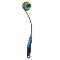 The Chuckit! National Fetch Day EcoFetch Launcher features an ergonomic grip and a multicolored ball with blue, orange, green, and yellow patches. Made from recycled rubber, its both eco-friendly and fun for effortless throws.
