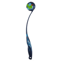 The Chuckit! National Fetch Day EcoFetch Launcher features a blue plastic dog ball launcher with an ergonomic handle, paired with a vibrant blue and green tennis ball made from recycled rubber.