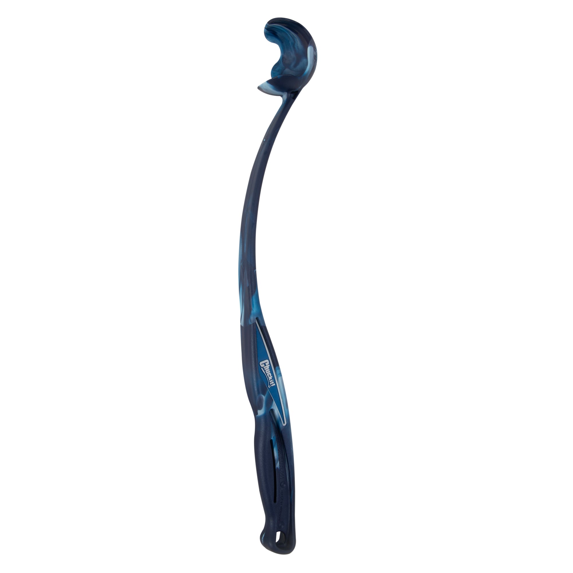The Chuckit! National Fetch Day EcoFetch Launcher by Chuckit is a blue and black lacrosse stick with a curved handle, netted head, ergonomic grip, and sleek textual details. Crafted from recycled rubber for an eco-friendly edge, it ensures easy catching and throwing.