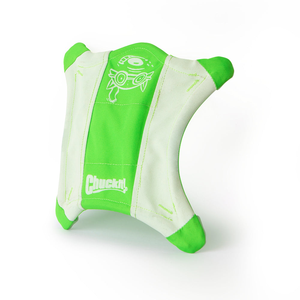 The Chuckit! Max Glow Flying Fetch Squirrel is a glow-in-the-dark dog toy designed for outdoor fun. This green and white toy features a durable, stitched design and is built to withstand nighttime play.