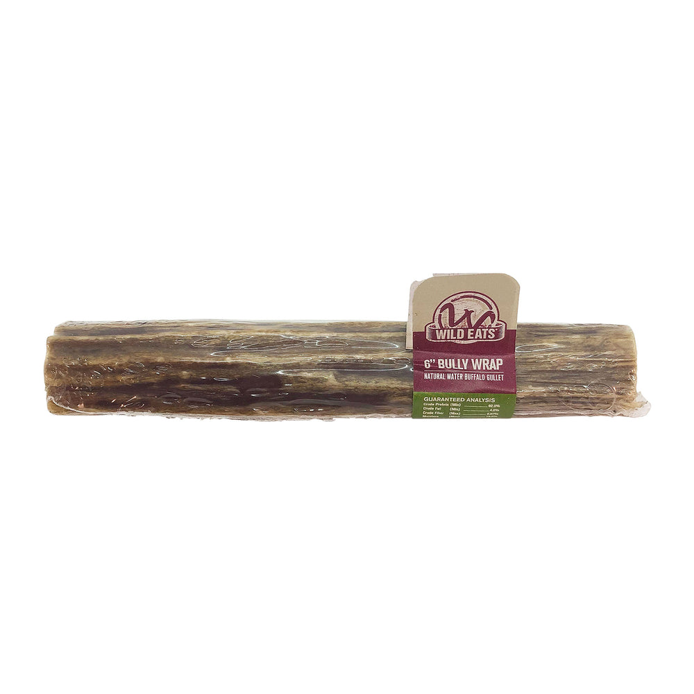 The Wild Eats Bully Wrap Dog Chew is a natural beef, gluten-free treat in plastic packaging with a labeled tag. It promotes dental health, ensuring it’s an excellent choice for your pets wellbeing.