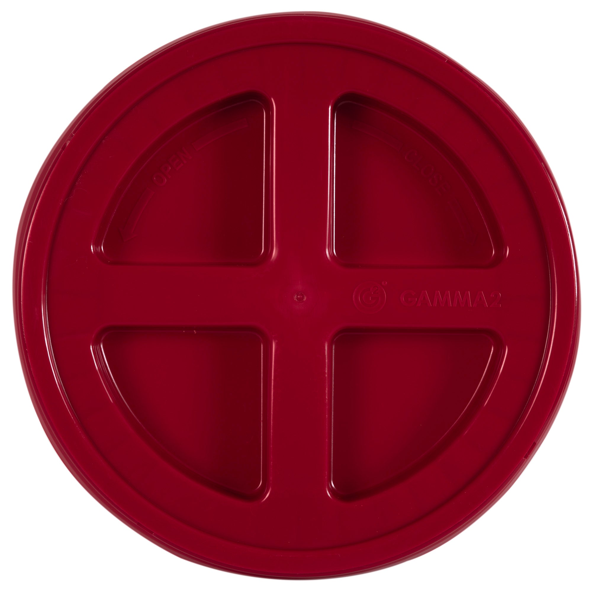 Close-up of a red GAMMA Seal Lid by Gamma2, showcasing a four-section design with embossed OPEN and CLOSE. This BPA-free HDPE lid ensures an airtight seal.
