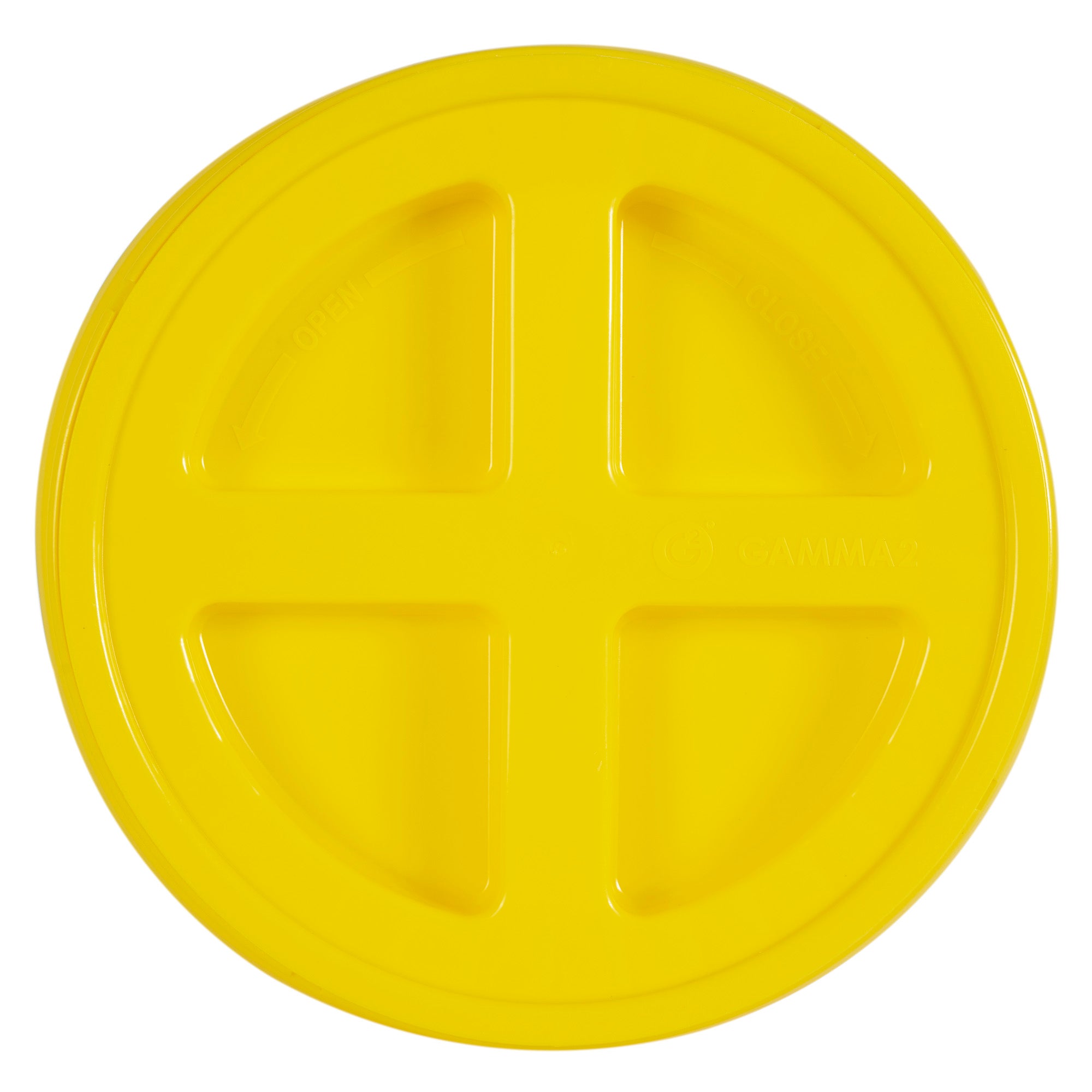 The Gamma2 GAMMA Seal Lid is a yellow, round lid made from BPA-free HDPE plastic with a glossy finish. It has four recessed sections forming a cross at the center and provides an airtight seal, fitting snugly on containers or buckets.