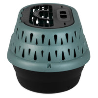 The Petmate E-Z Load Top Load Cat Kennel by Petmate features green and black colors, a secure grated door, and 360-degree ventilation, offering easy access and optimal airflow—perfect for reducing travel stress for cats.