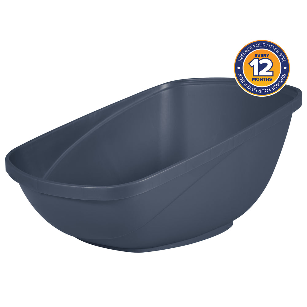 The Petmate Hi-Back Open Litter Box by Petmate, in dark blue and oval-shaped, features an open-top design. Its made from non-stick plastic for easy cleaning. A circular sticker on the top right suggests: Replace Your Litter Box Every 12 Months.