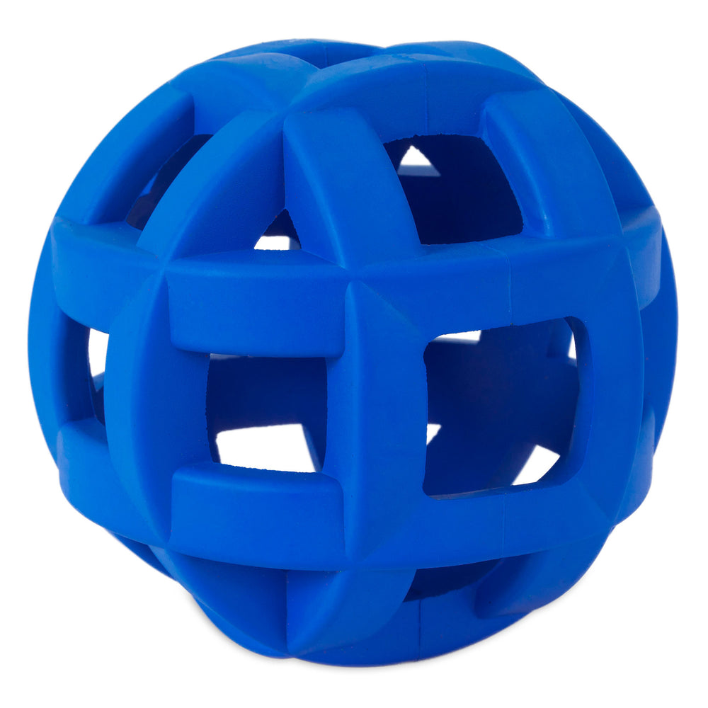 The JW Hol-ee Roller X Dog Toy by Jw is a blue, spherical rubber toy with a lattice framework. Its geometric design includes interlocking square and rectangular openings for a see-through effect. This non-toxic toy ensures safe and fun play for your pet.