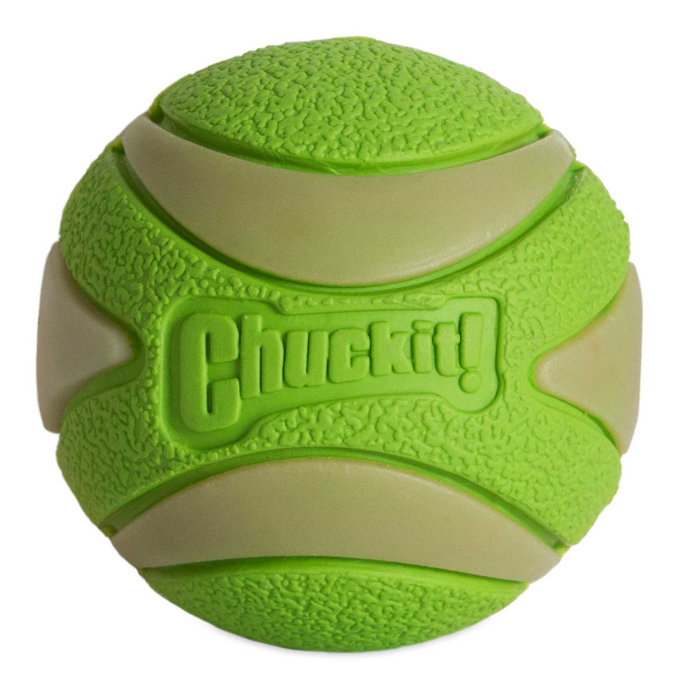 The Chuckit! Max Glow Ultra Squeaker Ball is a green rubber dog toy with beige stripes and texture, featuring Chuckit! embossed on the side, ideal for fetch.
