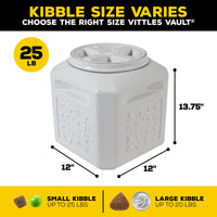 The Vittles Vault Pawprint Outback container by Vittles Vault, a gray 25 lb BPA-free plastic storage unit, is ideal for pet food. It measures 12 wide and 13.75 tall, includes an airtight screw lid, and holds up to 25 lbs of small kibble or 20 lbs of large kibble.