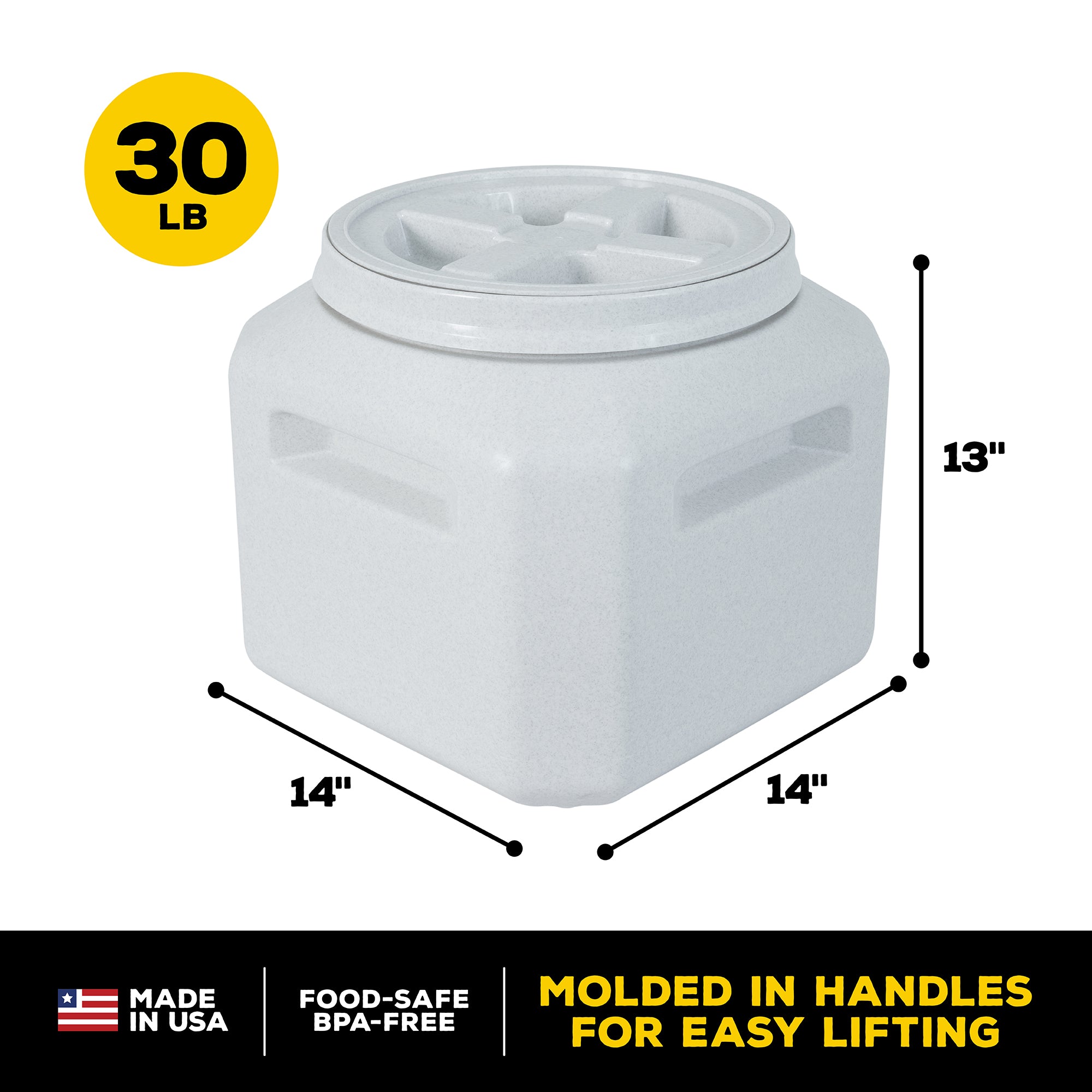 The Vittles Vault Outback Food Storage Container by Vittles Vault is a 13-inch-high, 14-inch-wide gray cube with a circular lid. It holds up to 30 lbs and is made in the USA from BPA-free materials. With molded handles and Gamma Seal Technology, it ensures airtight freshness.