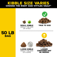 A chart titled Kibble Size Varies showcases Small Kibble with a pea and Large Kibble with a dime for scale. Labels indicate pet food container needs, emphasizing the Vittles Vault Outback Storage Container’s Gamma Seal Technology for airtight sealing. The left reads “50 LB Bag.”.