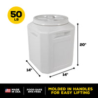 The Vittles Vault Outback is a large, white plastic pet food container by Vittles Vault, featuring a screw-on Gamma Seal Technology lid. It holds 50 pounds and measures 20 tall by 14 wide and deep. Made in the USA, its food-safe, BPA-free, with molded handles and an airtight seal.