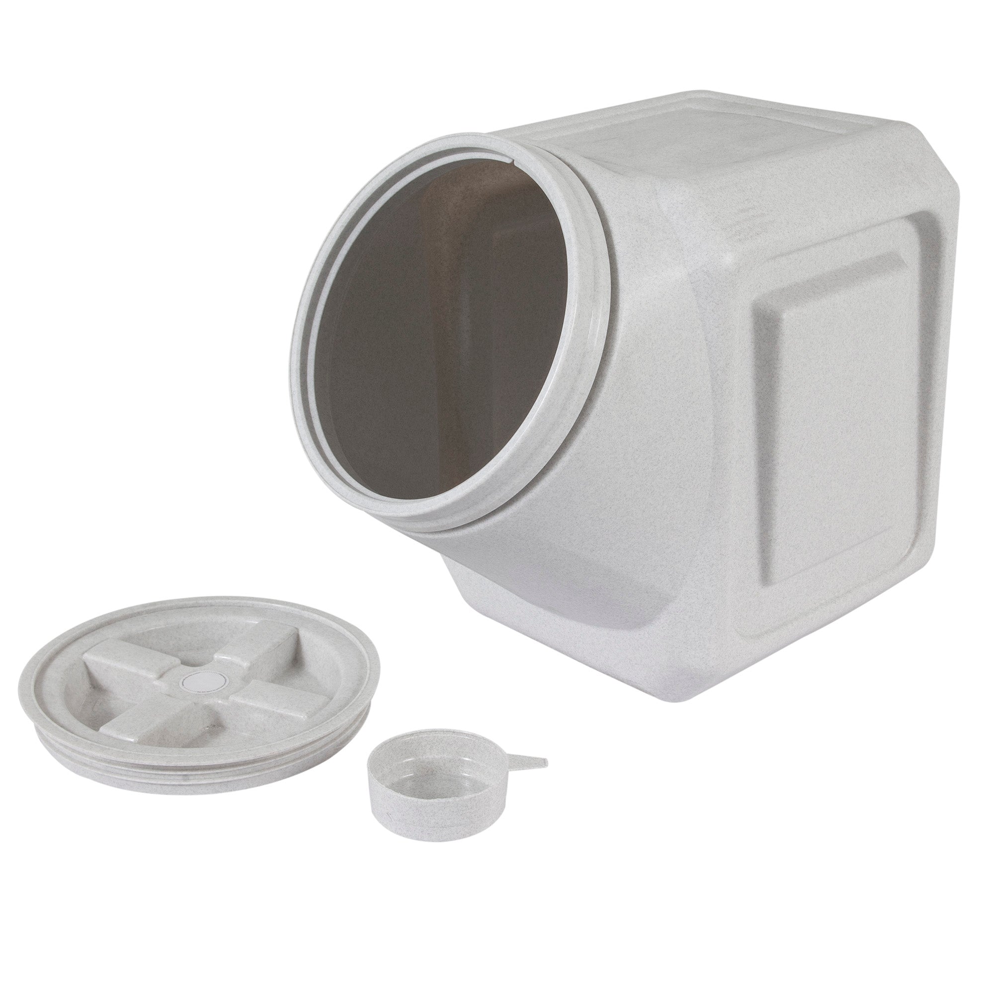 A square, white plastic Vittles Vault Outback Stackable Pet Food Storage Container is shown on its side with a wide opening. It features Gamma Seal Technology for an airtight seal. The lid and measuring scoop are placed separately next to it.