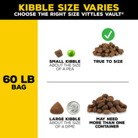 Infographic shows two kibble types from a 60 lb bag. Small, pea-sized kibble fits in one container, while large, dime-sized kibble may need multiple containers, such as the Vittles Vault Outback Stackable Pet Food Storage Container with Gamma Seal Technology for airtight storage.