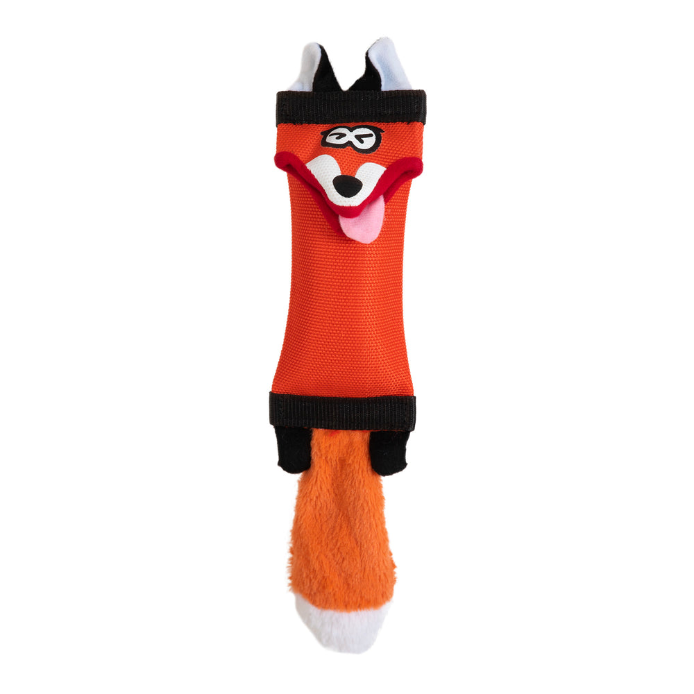 The Hyperpet Fire Hose Friends Fox Dog Toy is a plush, durable toy featuring an orange fox with a white-tipped tail, black ears, a playful expression with its tongue out, and whimsical glasses—perfect for interactive play.