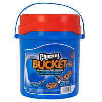 The Chuckit! Bucket With Ultra Balls by Chuckit is a large blue bucket with a red lid featuring orange balls. Ideal for carrying dog toys and fetch games, it includes 8 Ultra Balls and a convenient blue handle for easy transport.