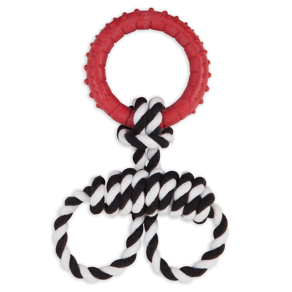 The Dogzilla Rope N Ring Tug features a red rubber ring linked to a black and white twisted rope with dual loops at the bottom, creating an infinity symbol. Knotted near the top, this toy is ideal for tug-of-war and promotes dental health during playtime.