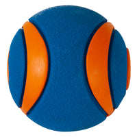 The Chuckit! Ultra Squeaker Ball by Chuckit is a textured blue rubber dog toy ball featuring three smooth orange segments with intersecting lines, ensuring durability and longevity for playful pets.