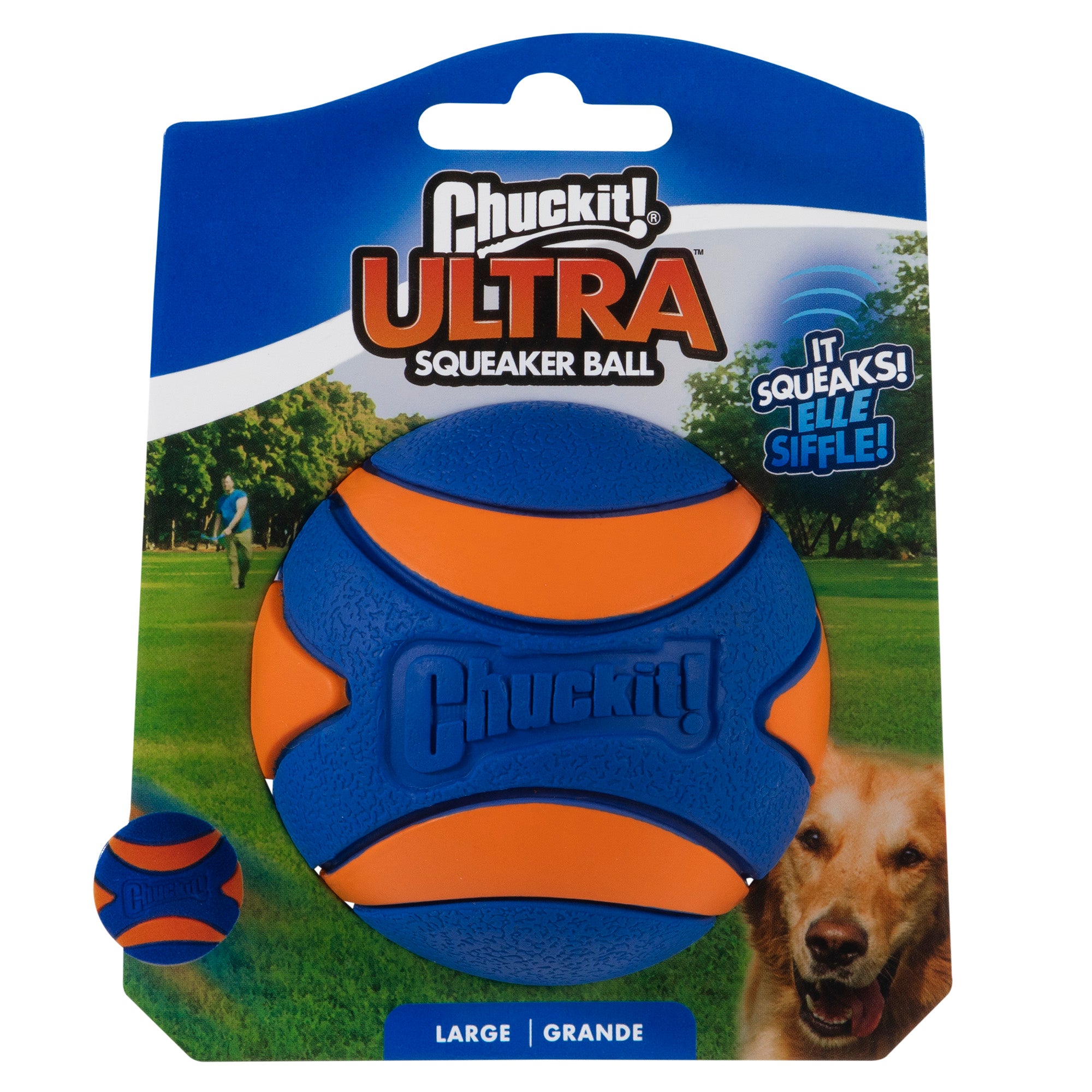 The Chuckit! Ultra Squeaker Ball packaging, in blue and orange, features a durable rubber ball designed for playful pups. With a park setting backdrop, it highlights the buoyant design and prominently states: It squeaks!.