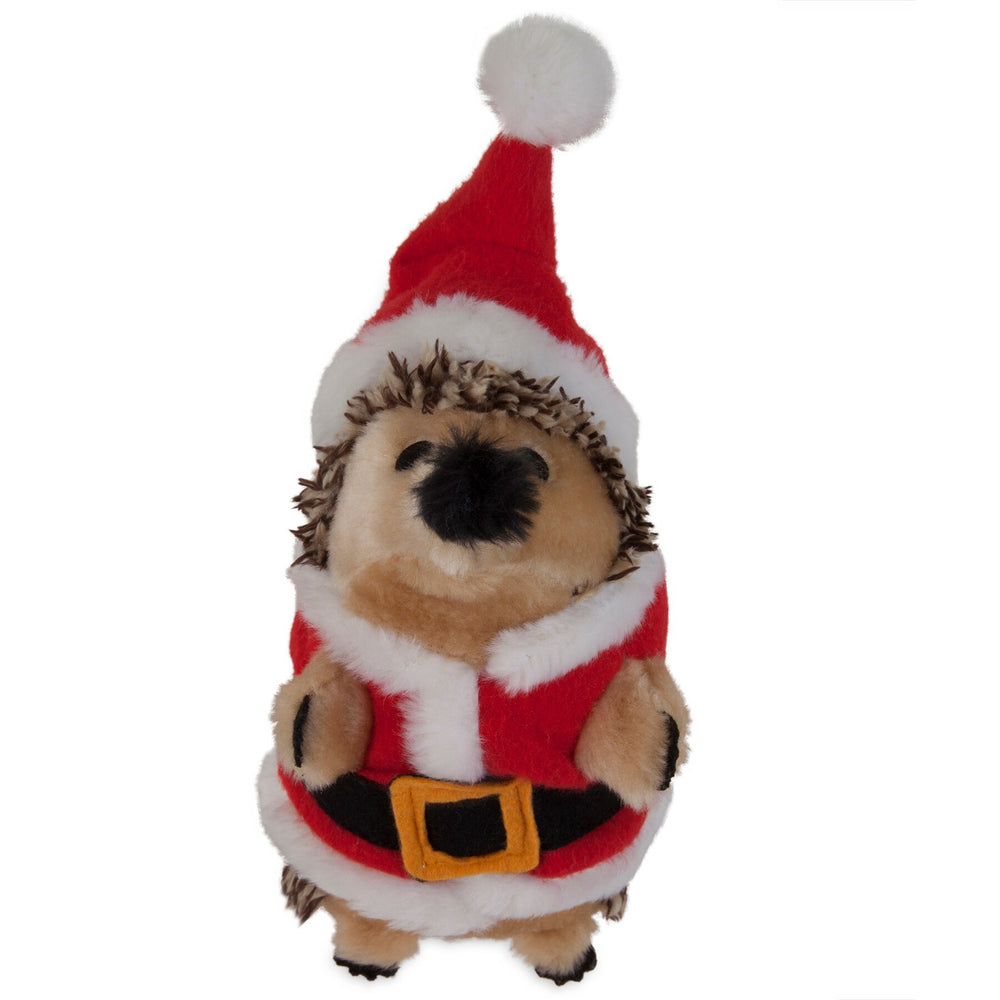 The Zoobilee Santa Holiday Heggie Dog Toy features a plush hedgehog in a red and white Santa outfit with a hat, ideal as a festive dog toy. It has a fluffy face, small eyes, stands upright, and wears a black belt with a yellow buckle.