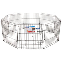 The Petmate Single Door Exercise Pen by Petmate is a portable black metal pen with durable wire, featuring eight panels in an octagonal shape. It includes two secure latches on the gate and has a label showcasing a small dog along with product details.