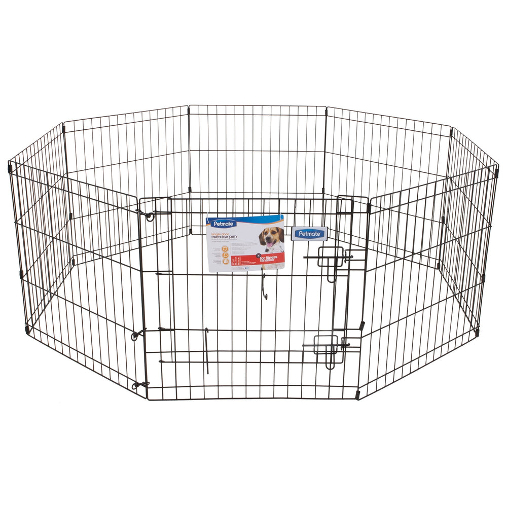 The Petmate Single Door Exercise Pen by Petmate is a portable black metal pen with durable wire, featuring eight panels in an octagonal shape. It includes two secure latches on the gate and has a label showcasing a small dog along with product details.