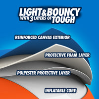 Illustration of the Chuckit! Big Air Fetch Ball featuring labeled layers: Durable Canvas Exterior, Protective Foam Layer, and Inflatable Core. Text states Light & Bouncy with 3 Layers of Tough on a blue background, from the brand Chuckit.