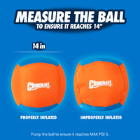 An instructional image features the Chuckit Big Air Fetch & Herding Ball Dog Toy. The properly inflated, round canvas ball on the left contrasts with a misshapen improperly inflated one on the right. A headline advises ensuring it reaches 14 inches in diameter, ideal for herding instincts or fetch play!.