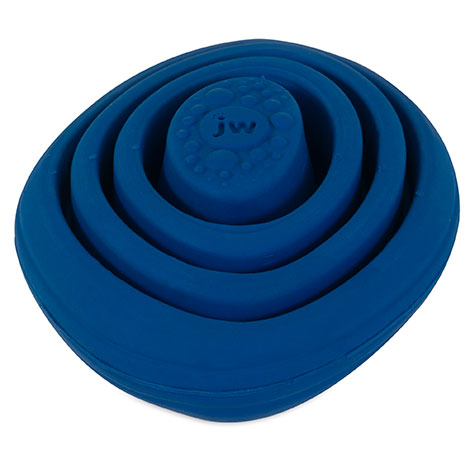The JW Puddle Stone Pop Puppy Teether Chew Toy features a blue, circular design with concentric rubber rings and a raised central section embossed with JW. Resembling a spiral shell, its perfect for soothing puppies gums.